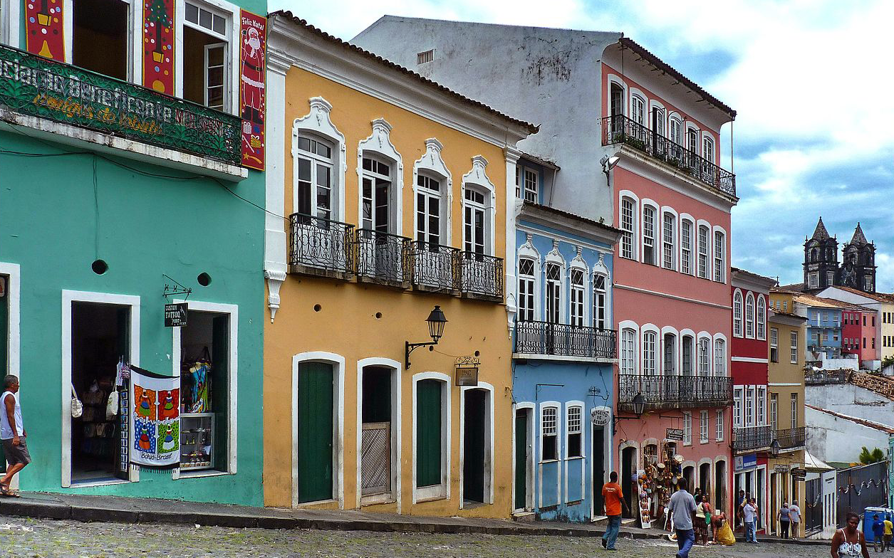 Picture shows the colorful houses of Pelourinho in Salvador, Bahia.
